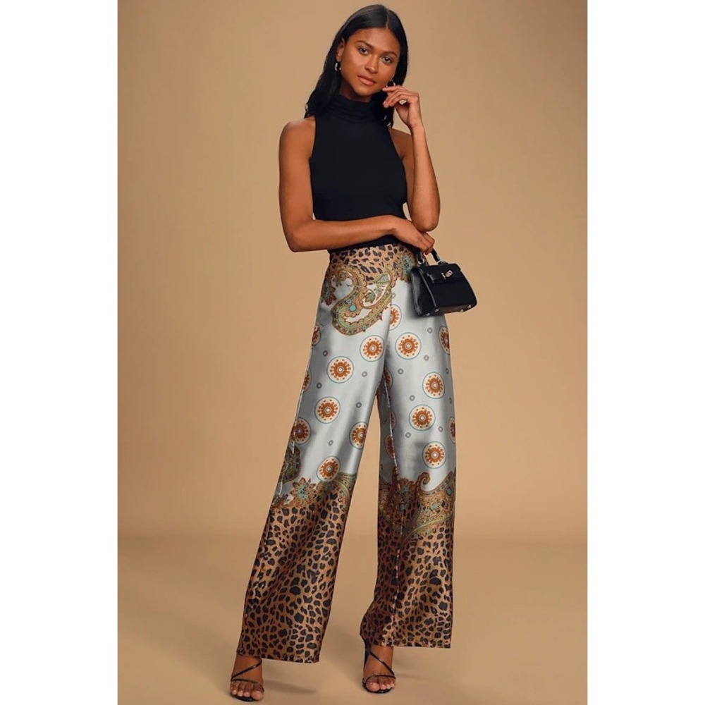 Lulus Island Getaway Blue Multi Scarf Print Satin Wide-Leg Pants Women's - Small